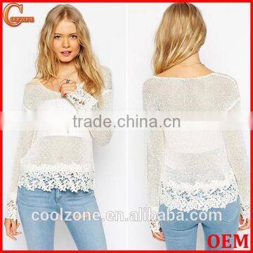 Women dropped shoulders lightweight fabric crochet top,crochet top fashion blouses 2015