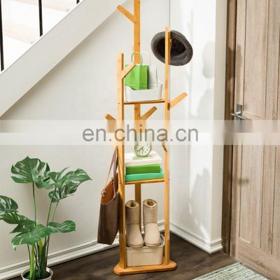 Bamboo Tree Garment Clothes Coat Hat Umbrella Portable Hanger Stand Rack with 3-Tier Storage Shelves and Hooks