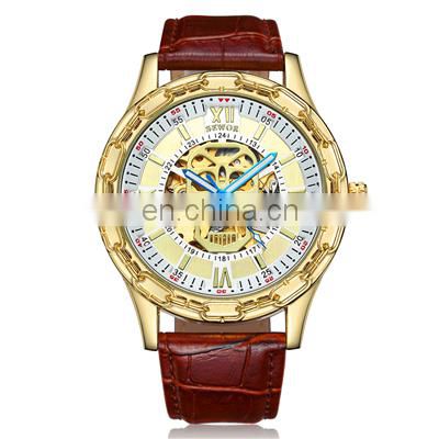 SEWOR 201707 Casual Luxury Automatic Mechanical Golden Skeleton Steampunk Business Male Watch Leather Strap watches