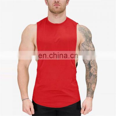 Body building wear deep cut sleeve less Tank top for men Red cotton spandex jersey gym stringer