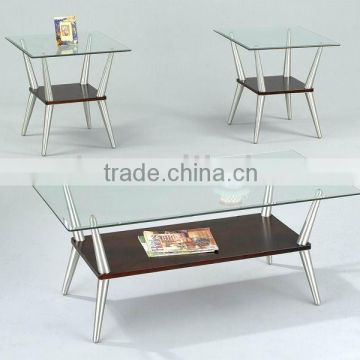 Metal clear glass coffee table set with wooden bottom