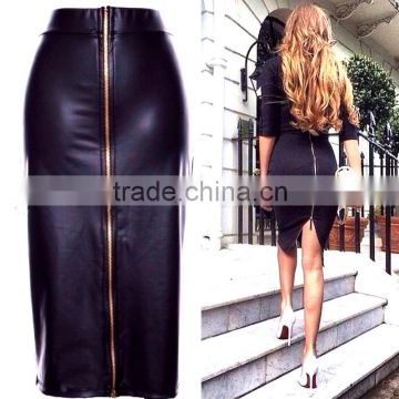 Hot Fashion Sexy Faux Leather High Waist Slit PU Knee Pencil Bodycon Skirt with zipper