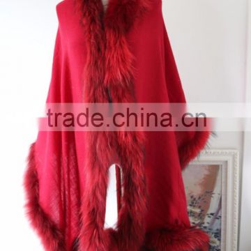 Deluxe Red Raccoon Fur Hood Cashmere Like Cape Scarf Autumn And Winter Fur Trim Pashmere Shawl Poncho