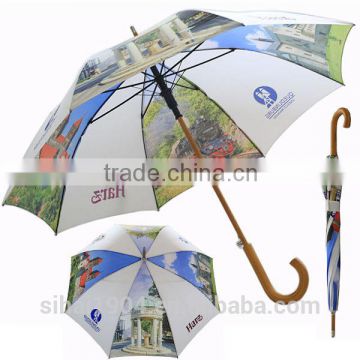 Digital printing wooden handle european style straight umbrella S10047