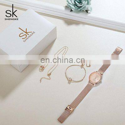 SHENGKE Fashion Woman Wristwatch Sets Luxury Jewelry Set Gift Box Rosegold Chain Wristwatch