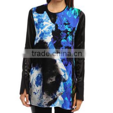 long sleeve round neck transfer print blouse