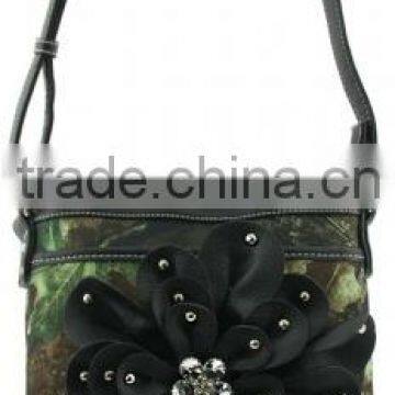 Wholesale Rhinestone Flower Design Camo Print Black Sling Purse