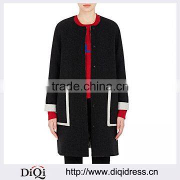 Customized Lady Apparel Round Neck Collarless Charcoal Wool-blend Coat(DQM026C)