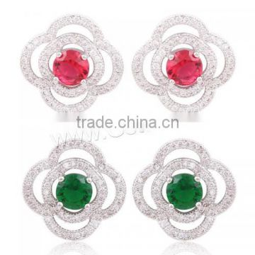 platinum plated brass copper bronze Earring with flower micro pave cubic zirconia 1128844
