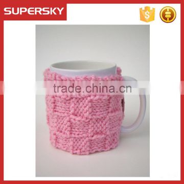 V-164 Cute pink cable hand knitted sleeve cosy cup mug sweater/button sweater/cup accessory