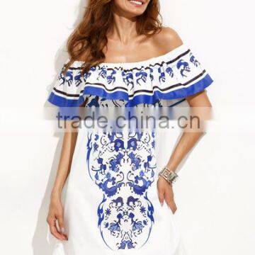 Dresses latest women girl design fashion photos Multicolor Print Ruffle Off The Shoulder Dress