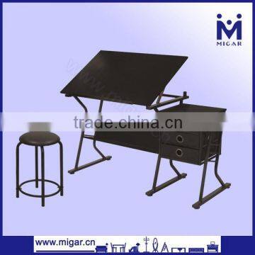Wholesale black steel engineering desk with table top adjustable and three drawers