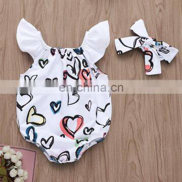 2019 summer fly sleeved white love heart  print bodysuit rompers kids girls bodysuits