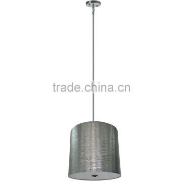 5 light chandelier(Lustre/La arana)in satin steel finish with a large round 22" x 20"starlight weave fabric shade