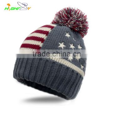 high quality Custom Acrylic knited cap With Top Ball/plush Beanie Hat/ star design