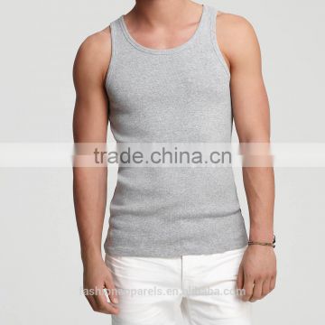 Men gym apparel fitted cotton rib singlets ash gray