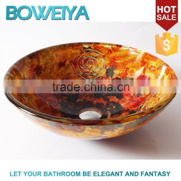Oem / Odm Bathroom Sanitary Ware Art Painting 12mm Thickness Tempered Glass Counter Top Mini Wash Basin