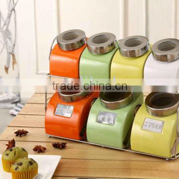 durable ceramic canister set with metal stand & spoon
