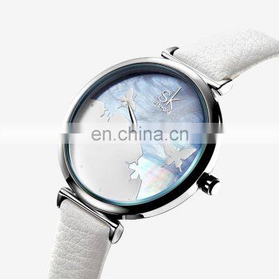 SHENGKE White Leather Strap Handwatchs Beauty Dial Design Wristwatch Sliver Alloy Case Quartz Wristwatch K0101L