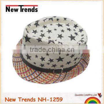Black stars printing straw panama hat with colorful brim