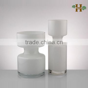 White cylinder shaped glass vase with unique waist, handmade decorative office use glassware
