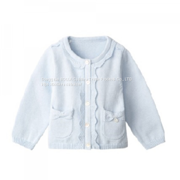 Scalloped Trim Button Up Sweater Coat Toddler Girls Pockets Light blue Cardigan newborn baby sweaters