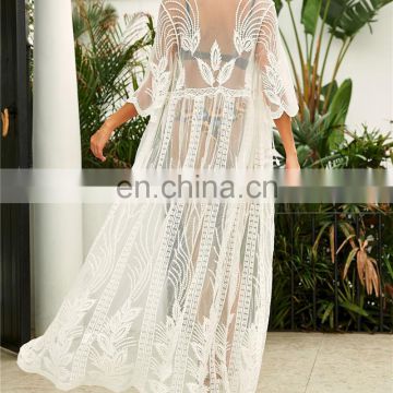 2019 Sexy See Through Self Belted Summer Beach Dress Transparent White Lace Tunic Women Beachwear Maxi Dress Sarong plage