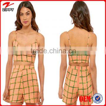 Printed Grid Check High Waisted Shorts Suits