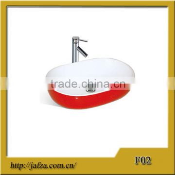 F02 Popular red art basin ceramic oval basin colored basin white inside and red outside basin