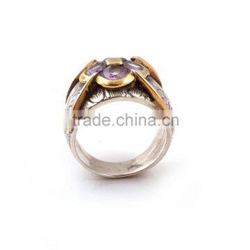 Hand Carved Two Tone 925 Silver Brass Ring With Amethyst