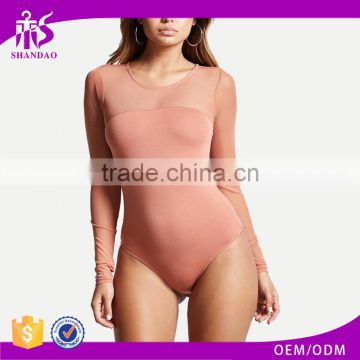 Wholesale Long Sleeve Spring Skin Pink Mesh Panel Women Sexy Bodysuit