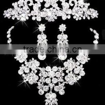Women's Wedding Jewelry Set Flower Rhinestone Crystal Bridal Necklace Earrings Headwear
