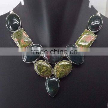 Blood Stone, Unakite Necklace plated 925 Sterling Silver 86 Gms 18-20 Inches