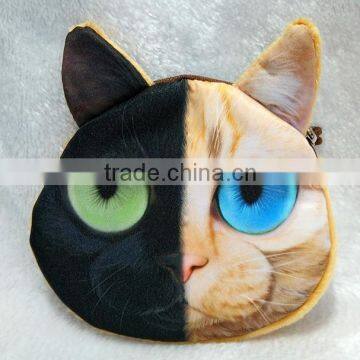 creative lovely cartoon 3d solid cat face expression 12x13cm plush mini change coin bag, ladies' zipper small money purse