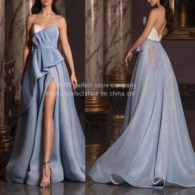 2021 slim and long blue light host dress wrapped chest and shoulder slit evening dress