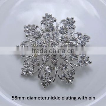 (M0394) 58mm diameter metal rhinestone brooch with pin,nickle plating with clear crystral or gold plaitng with colorful crystals