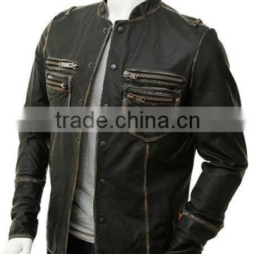 men leather shirt with contrast cream wax