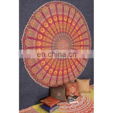 Round Hippie Indian Mandala Tapestry Beach Spread with pompom or Tussle