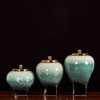 Modern Creative Chinese Jingdezhen Green Storage Jar Ceramic Vase With Lid For Indoor