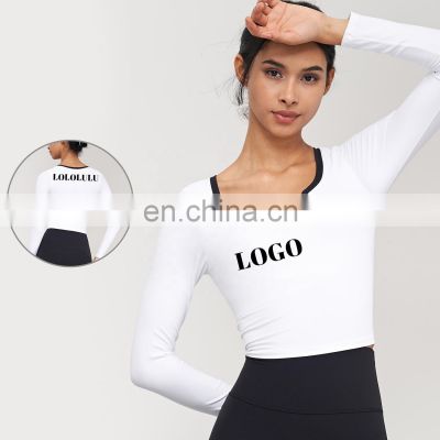 Contrast Color Yoga Crop Tops For Women Breathable Long Sleeve V Neck Custom Gym Fitness Tight T Shirts
