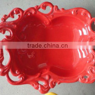 YT-stock cermaic low pices,red cermic fruit decoration,redUnique modern red carving ceramic red plate popular Hollow plate