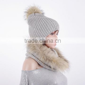 Women wool knitting scarf raccoon fur stretch knitted scarves KZ150157