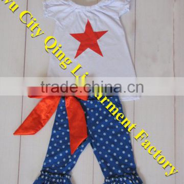 Perfect Girls 4th of July Outfit for that Fun Summer BBQ Soft Cotton Kids White Star Tank Top Match Blue Dot Ruffle Pants Sets