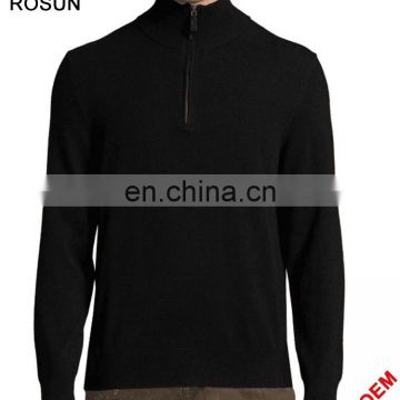 Regular fit black knit mock neck quarter zip pullover polo sweater for men made of cashmere