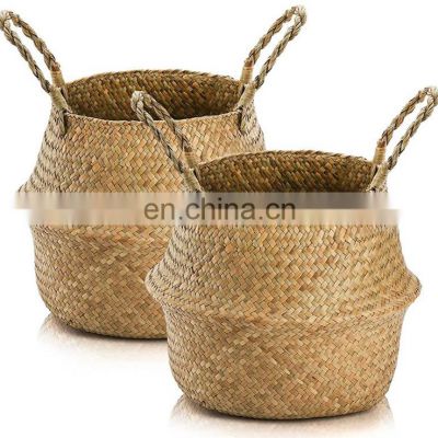 Natural Flower Plants Pots Straw Woven Seagrass Belly Laundry Basket woven rattan storage baskets