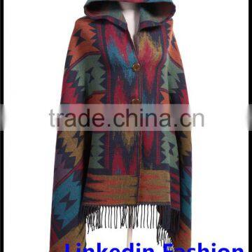 Women Bohemian Collar Plaid Cape Cloak Poncho Jacket Wool Blend Shawl Scarf Coat