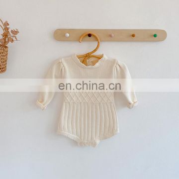 Spring and autumn bottoming female baby baby long-sleeved knitted romper puff sleeve one-piece triangle bag fart crawling
