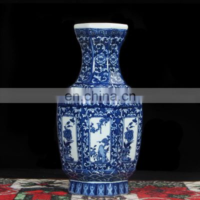 Creative eight sides of landscape ceramic blue and white vase for home decor