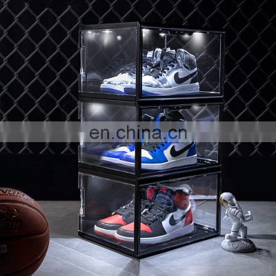Acrylic custom transparent shoe box with led light Clear Magnetic Plastic Drop Front stackable sound activated led shoe box