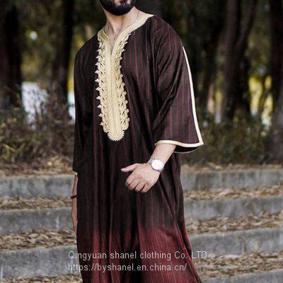 BS-1140706 Men's Arab Muslim Thobe with Long Sleeves V- Neck